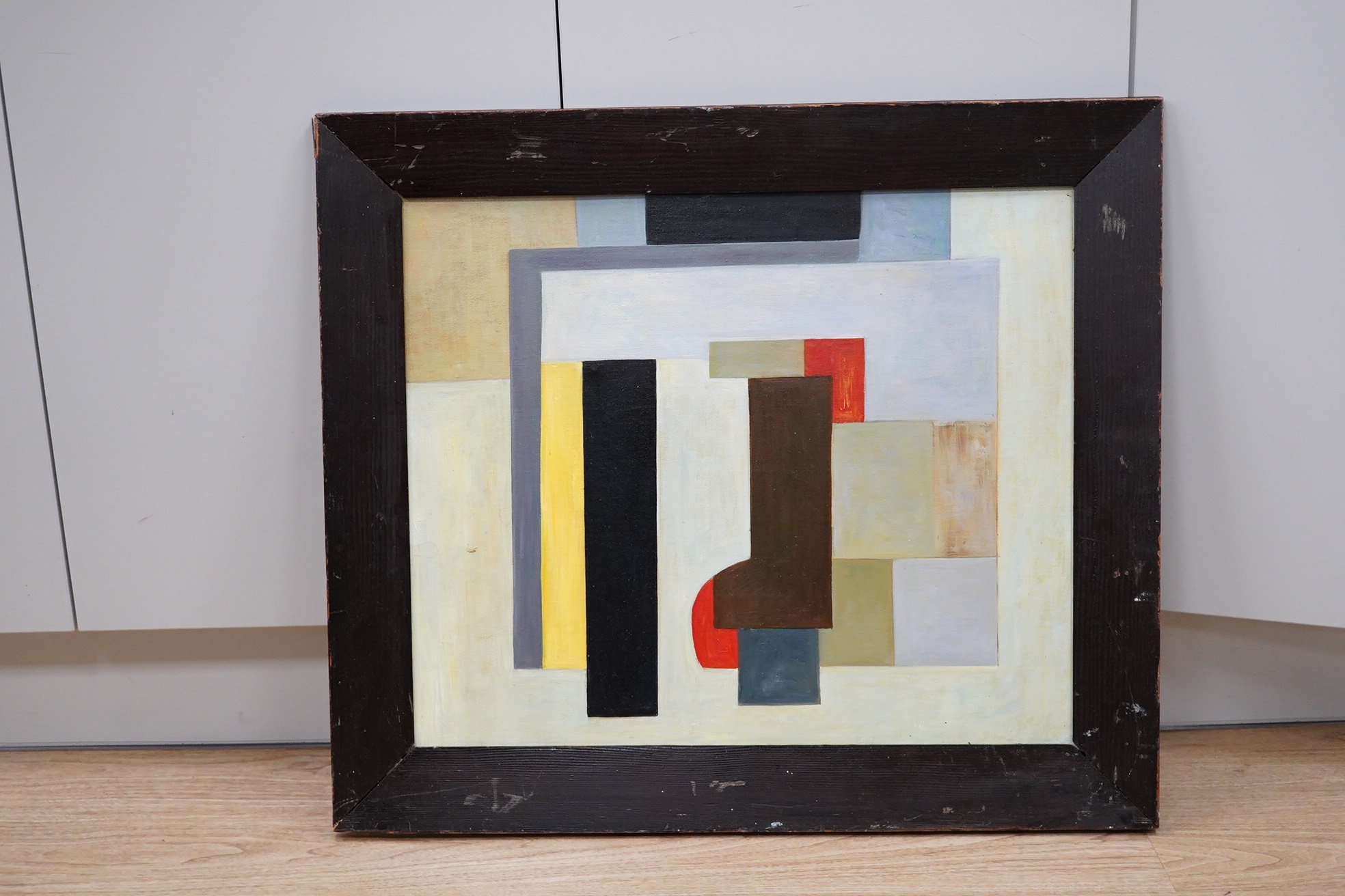 A decorative abstract oil on board, Geometric shapes, 50 x 59cm. Condition - good